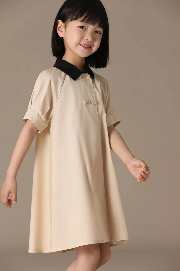 Girls Dress 2025 Spring Summer New Simple Temperament Cotton Contrasting Turn-down Collar Dress