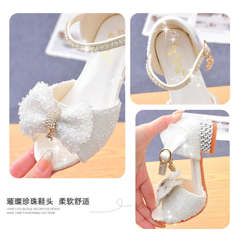 Children's Sandals Summer 2025 New Kids Crystal Bowknot Girls High Heels Soft Soled White Princess Wedding Performance Shoes