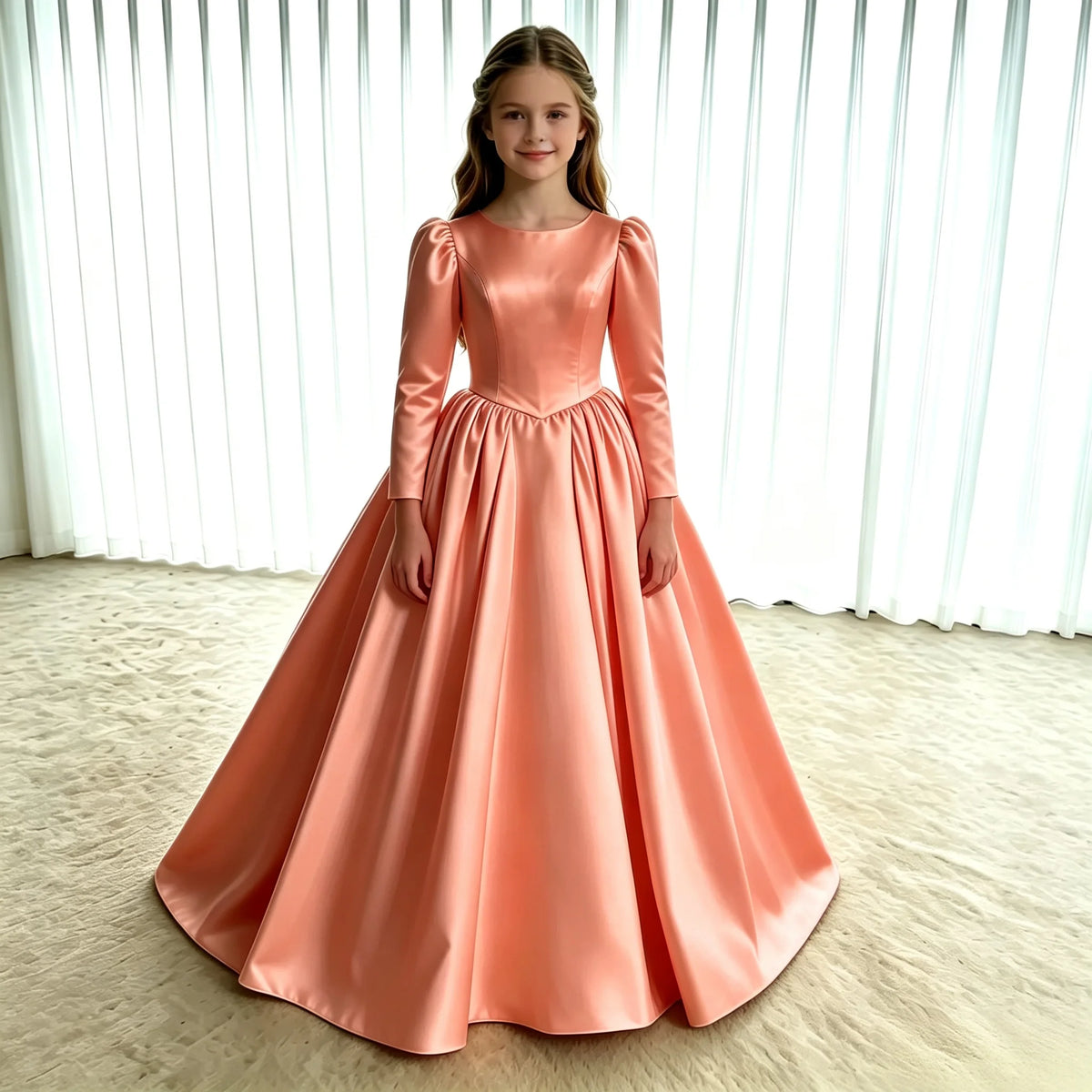 Girls First Communion Dress New Long Sleeves Satin Elegant Tail Evening Gown Girls Wedding Party Princess Dress for Juniors