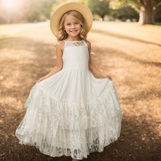 Plus Size Princess Girls Lace Long Dresses Baby Kids Flower Wedding Party
