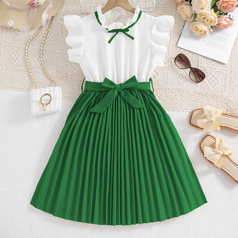 Emma Kids Dress for Girls with Pleated Skirt and Bow Tie