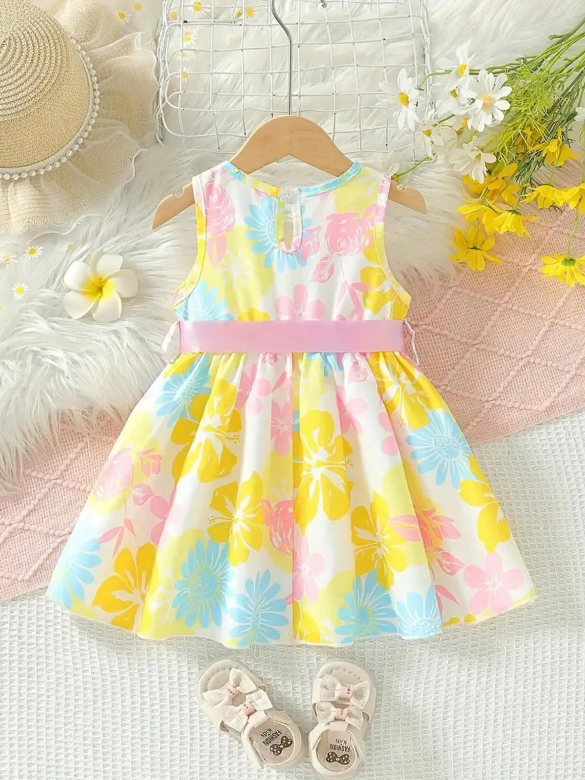 Baby Girl's Floral Print round Neck Sleeveless Dress with Pink Bow Waistband Sweet Cute Summer Casual Daily Outfit