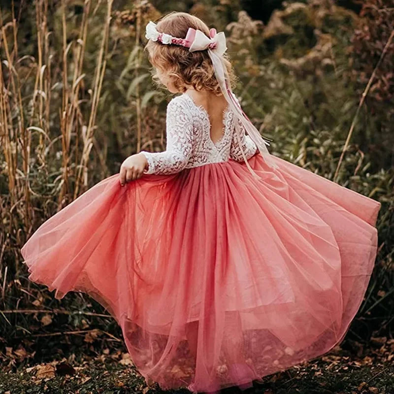 Princess Dresses for Weddings Birthday Elegant Flower Girl Fashion Long Lace