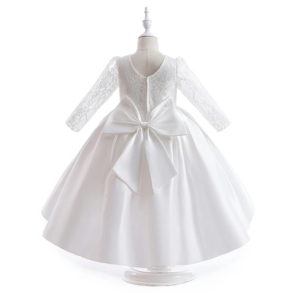 Summer White Lace Bridemaid Girl Dress Trailing Long Sleeve Flower Princess Dress