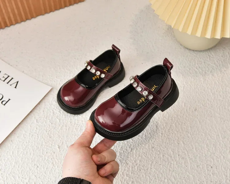 Girls Performance Shoes Round Toes Glossy 2025 Spring Autumn Kids Leather Shoes Pu Soft Sole Girls Flat Shoes Non-slip Ins Trend