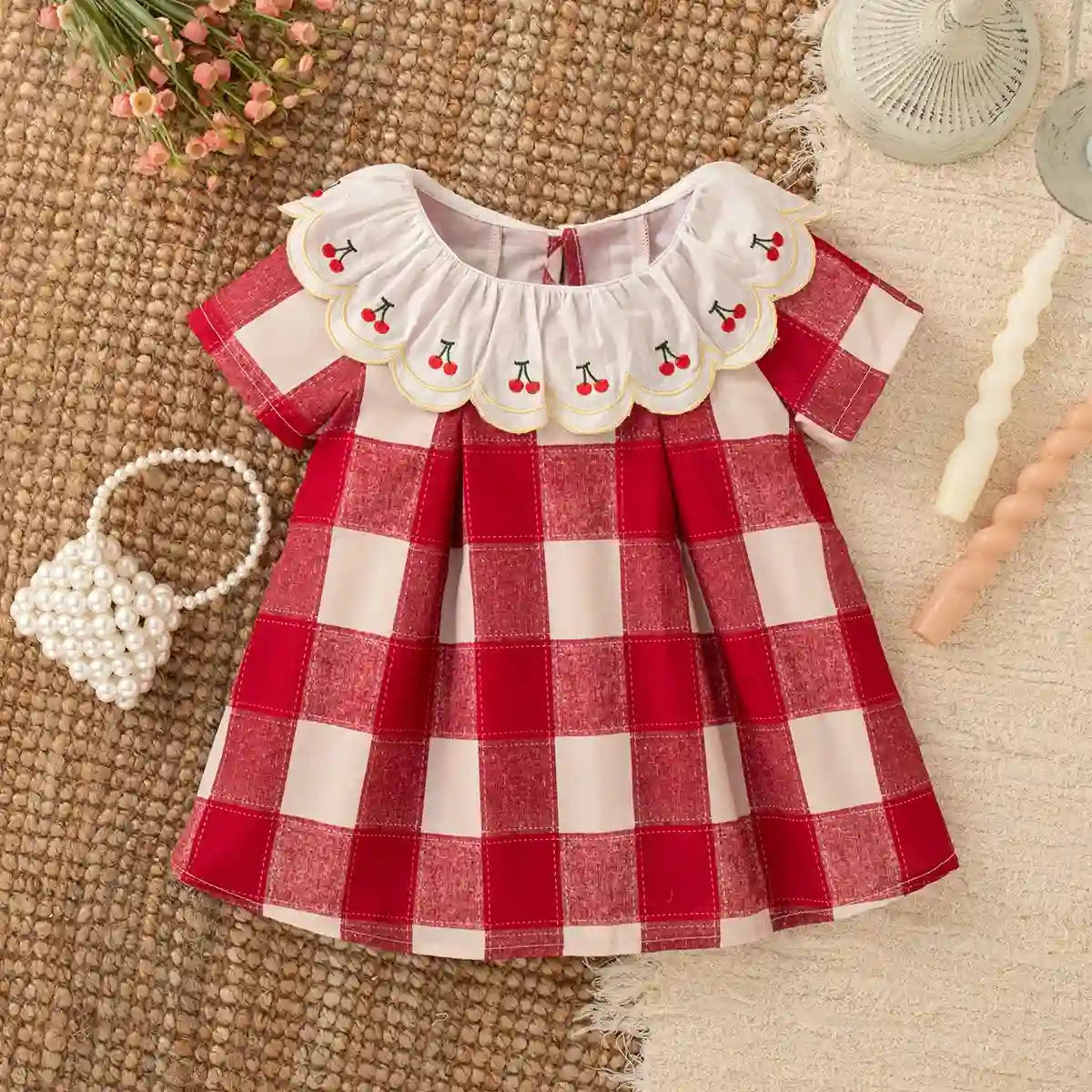 Baby Girl Summer Dress in Red Cherry Plaid