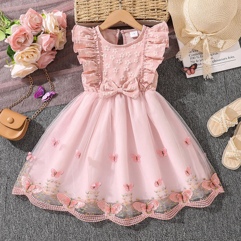 Dress For Girls Yellow O-Neck Fly-Sleeve Tulle Bowknot