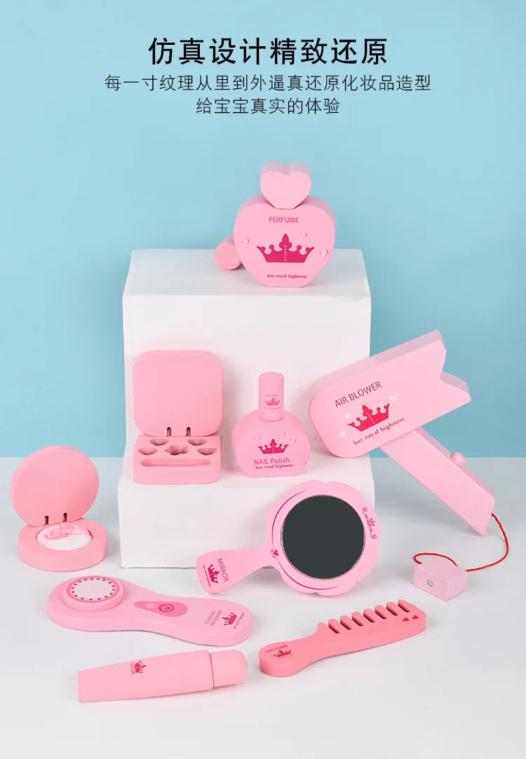 New Wooden Girls Makeup Set Pink Make Up Bag Toy Wood Simulation Cosmetic Handbag Pretend Play Toys For Girl Gifts Pretend Play