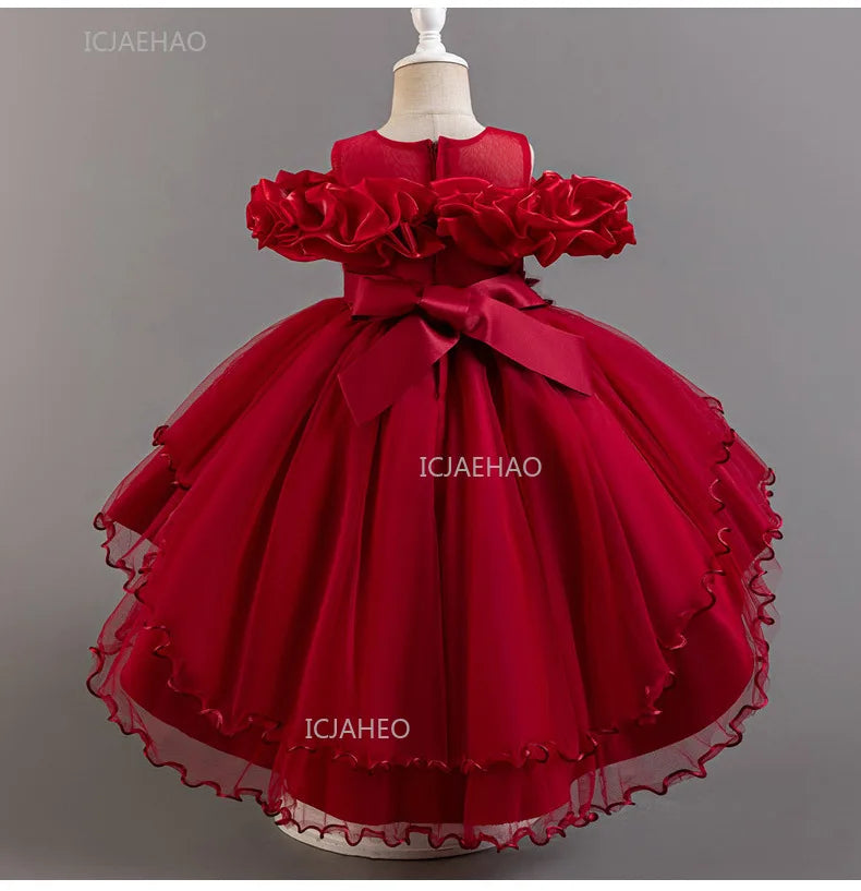 Girls Flower Girl Dress with Train Tulle Princess Gown Christmas Birthday Party Pageant Formal Dresses Kids Children Clothing