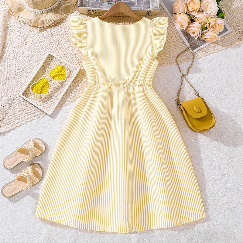 4-7 Years Girl Dress Summer New Stripe Ruffled Sleeveless V-Neck Dress