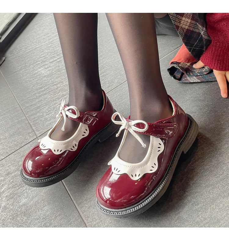 Girl's Princess Shoes Wine Red Black Ruffles Elegant Patent Leather Bowknot Children Flat Shoes 21-35 Toddler Kids Single Shoe