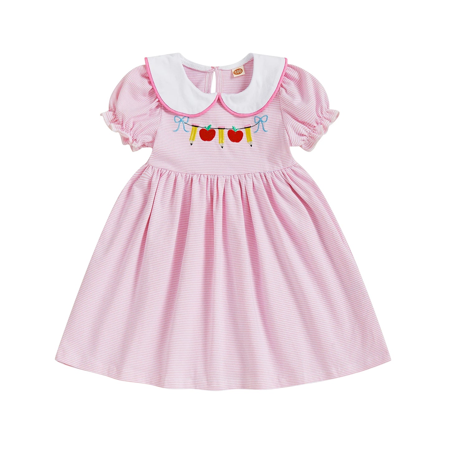 Striped Floral Print Back to School Dress with Bow Detail and Peter Pan Collar Short Sleeve A-line Dress Adorable Toddler