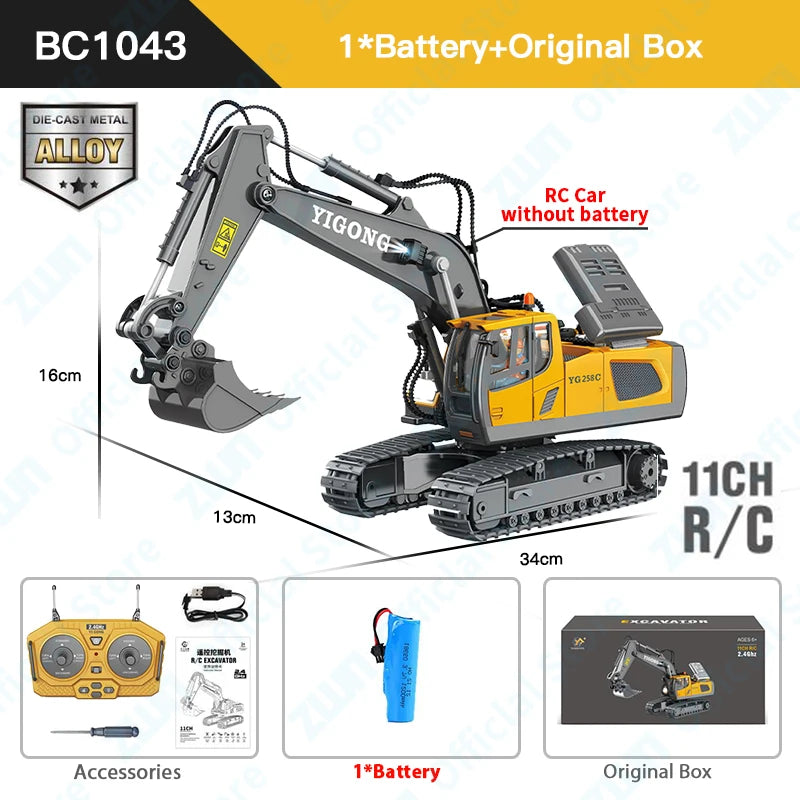 1:24 2.4G 11 Channels RC Construction Vehicle Set - Excavator/Dump Truck/Bulldozer