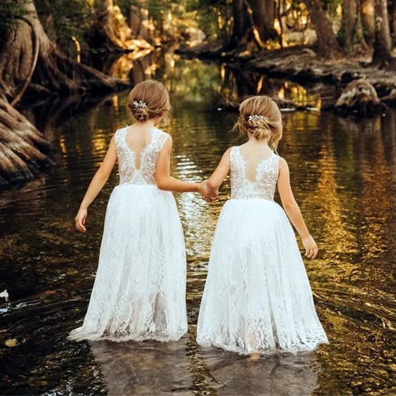 New Girl Princess Dress White Lace Long Dress Wedding Flower Open Back Dress