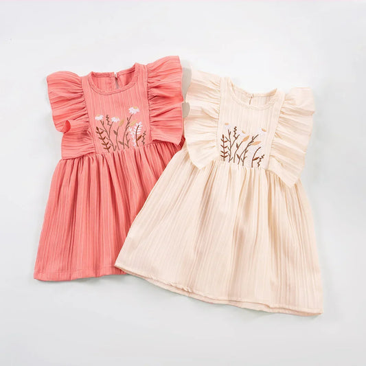 Baby Girls Floral Embroidery Dress Knee-Length with Ruffled Sleeves
