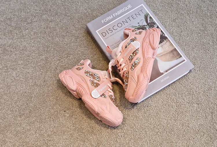 2022 Spring Fashion Women Sneakers Kids Toddler Girl Shoes Rhinestones Glittering Childen Outdoor Leisure Sports White Shoes Red