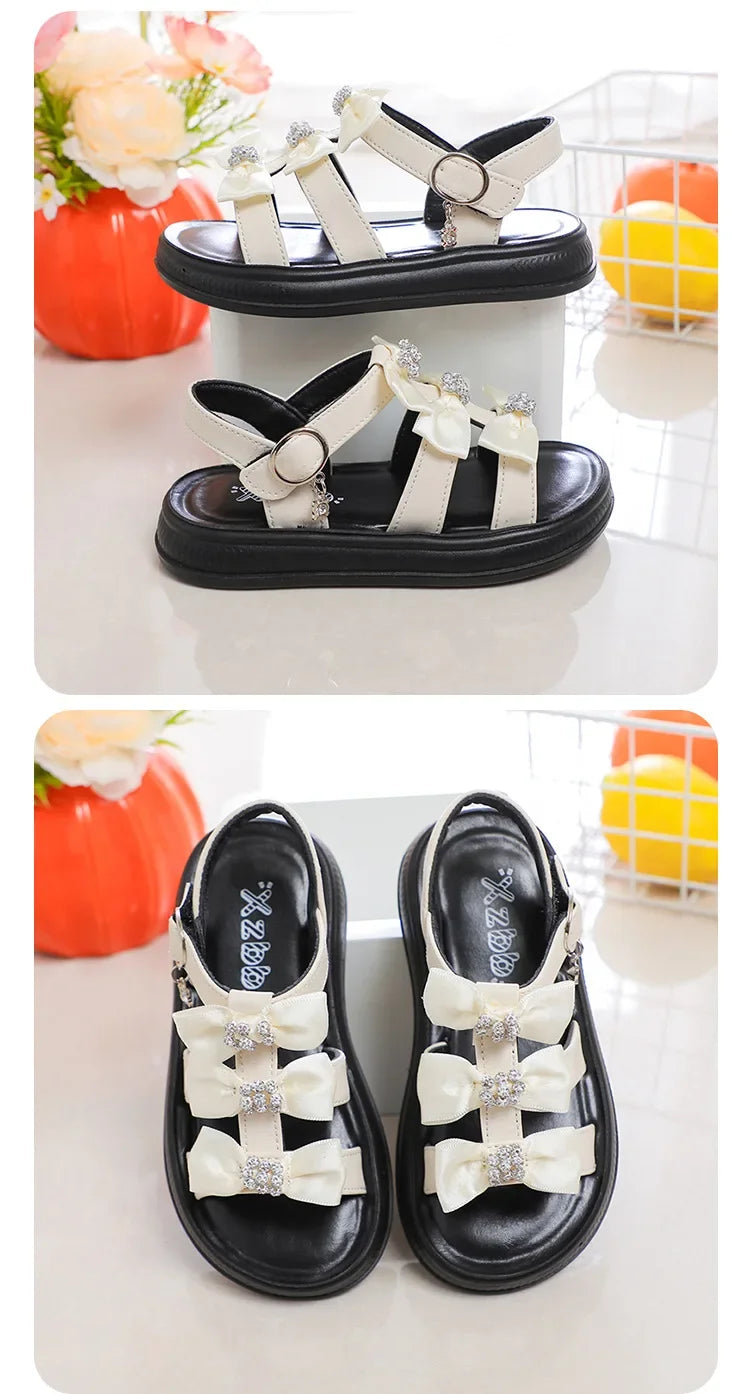 Girls Beach Shoes with Sweet Bows Soft Sole Kids Sandals Versatile 2025 Summer New Children Princess Shoes