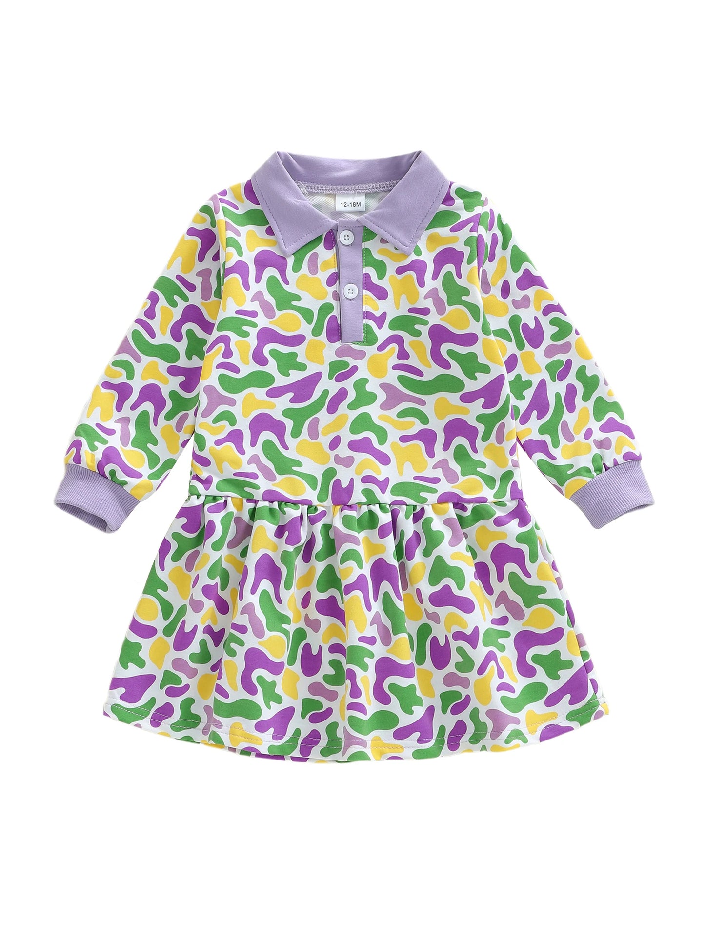 Toddler Baby Girl Mardi Gras Dress Camouflage Turn Down Neck Long Sleeve Dress