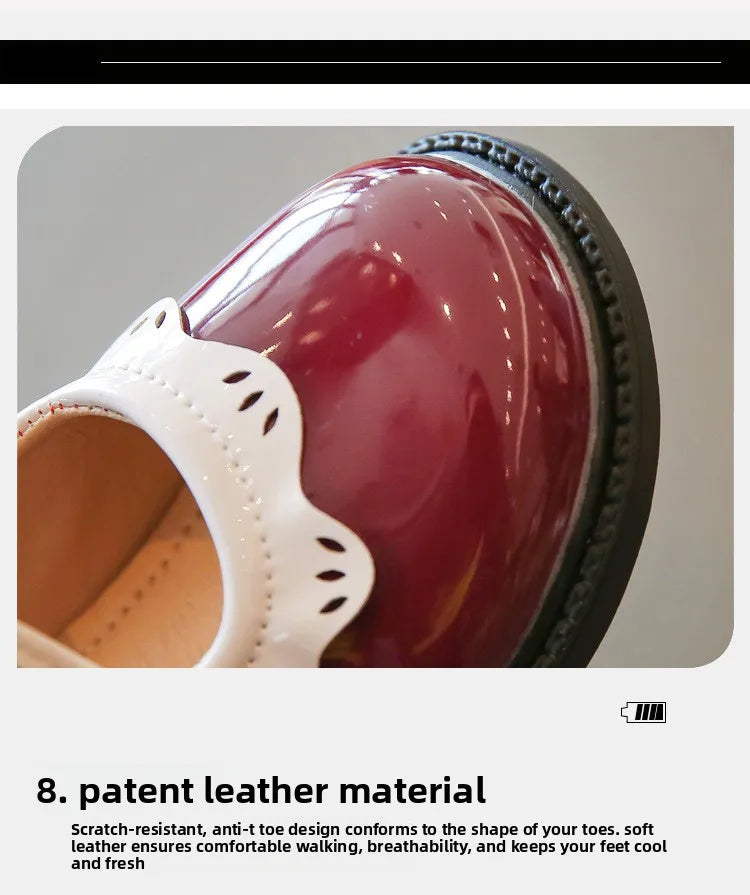 Girl's Princess Shoes Wine Red Black Ruffles Elegant Patent Leather Bowknot Children Flat Shoes 21-35 Toddler Kids Single Shoe