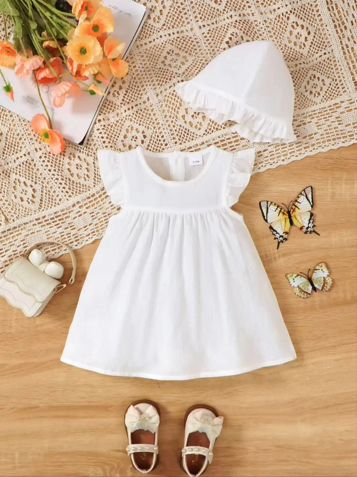 Baby Girl Christening Dress Set round Neck with Little Fly Sleeve Dress And Hat Two-Piece Casual Cute Dress for Girls