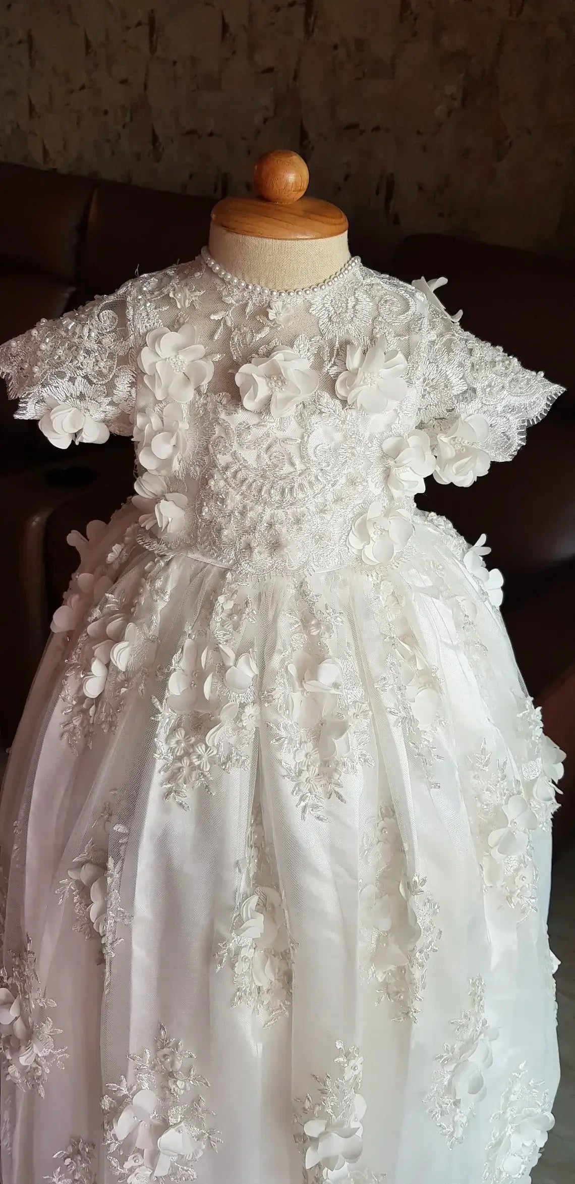 Customized Baptism Dress Baby Girls Robe Lace Christening Gown With Bonnet Off