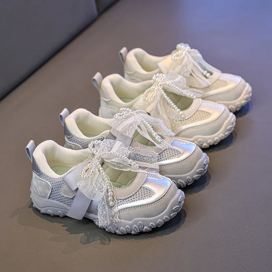 2026 Summer Kids Sport Sneakers for Girl Pearl Lace Mary Jane Flats Lightweight Non-Slip
