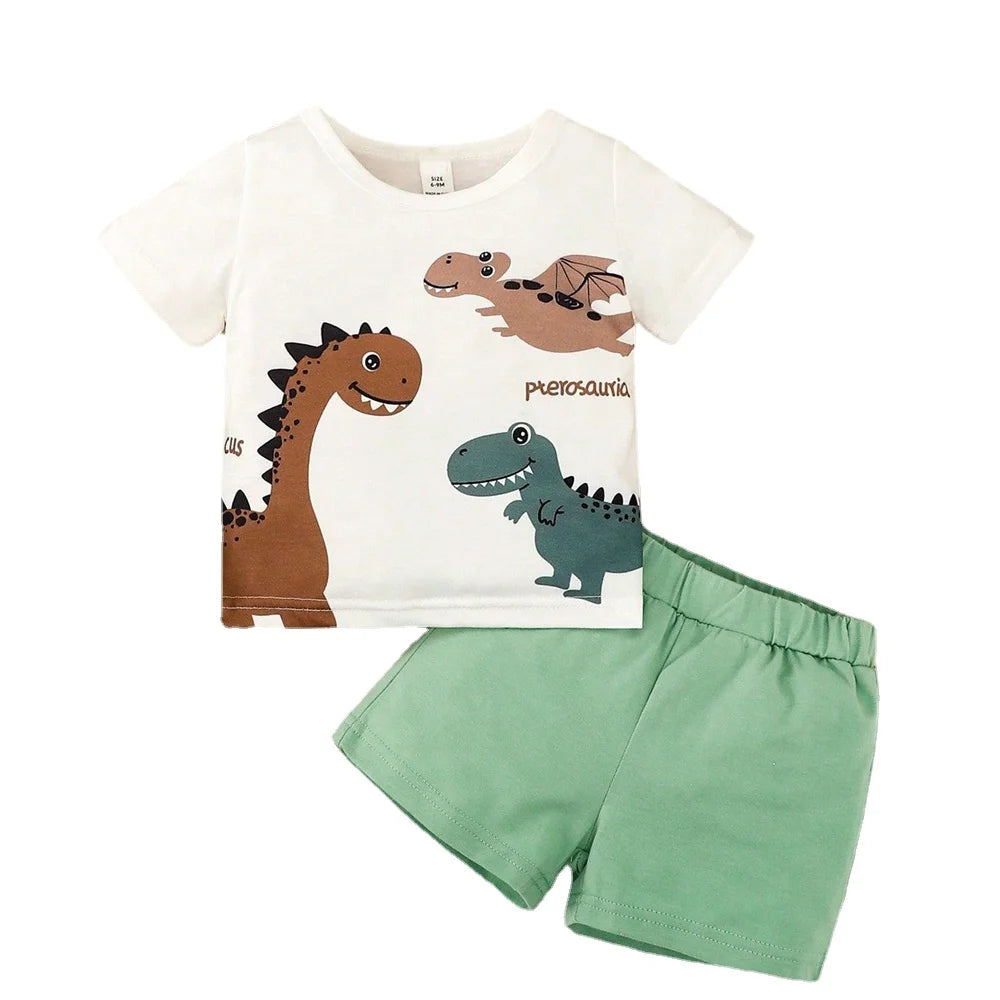 Baby Boy Dinosaur Set - White Top and Brown Shorts