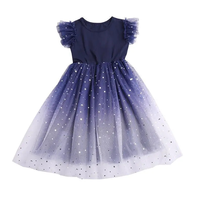 Summer Sleeveless Fashion Gauze Dress Girls Starry Sky Gradient Princess Dress