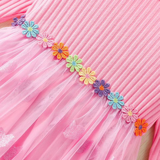 2024 Girls Dress Spring Autumn Long Sleeve Gauze Colorful Flower Belt Children Clothes Girls Dress