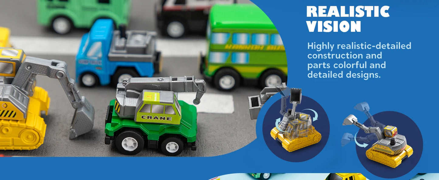 JOYFY 18 Pcs Pull Back City Cars and Trucks Toy Vehicles Set