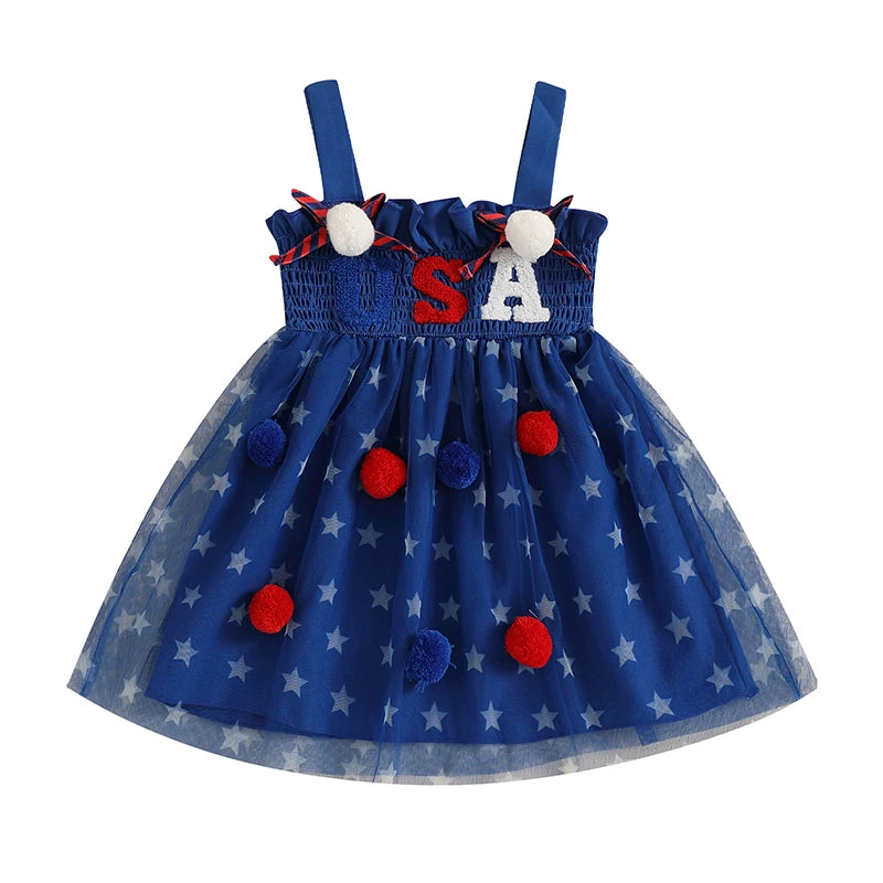 Cute Toddler Independence Day Outfit Red White Blue Striped Ruffle Sleeveless Dress