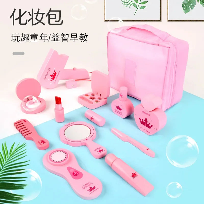 New Wooden Girls Makeup Set Pink Make Up Bag Toy Wood Simulation Cosmetic Handbag Pretend Play Toys For Girl Gifts Pretend Play