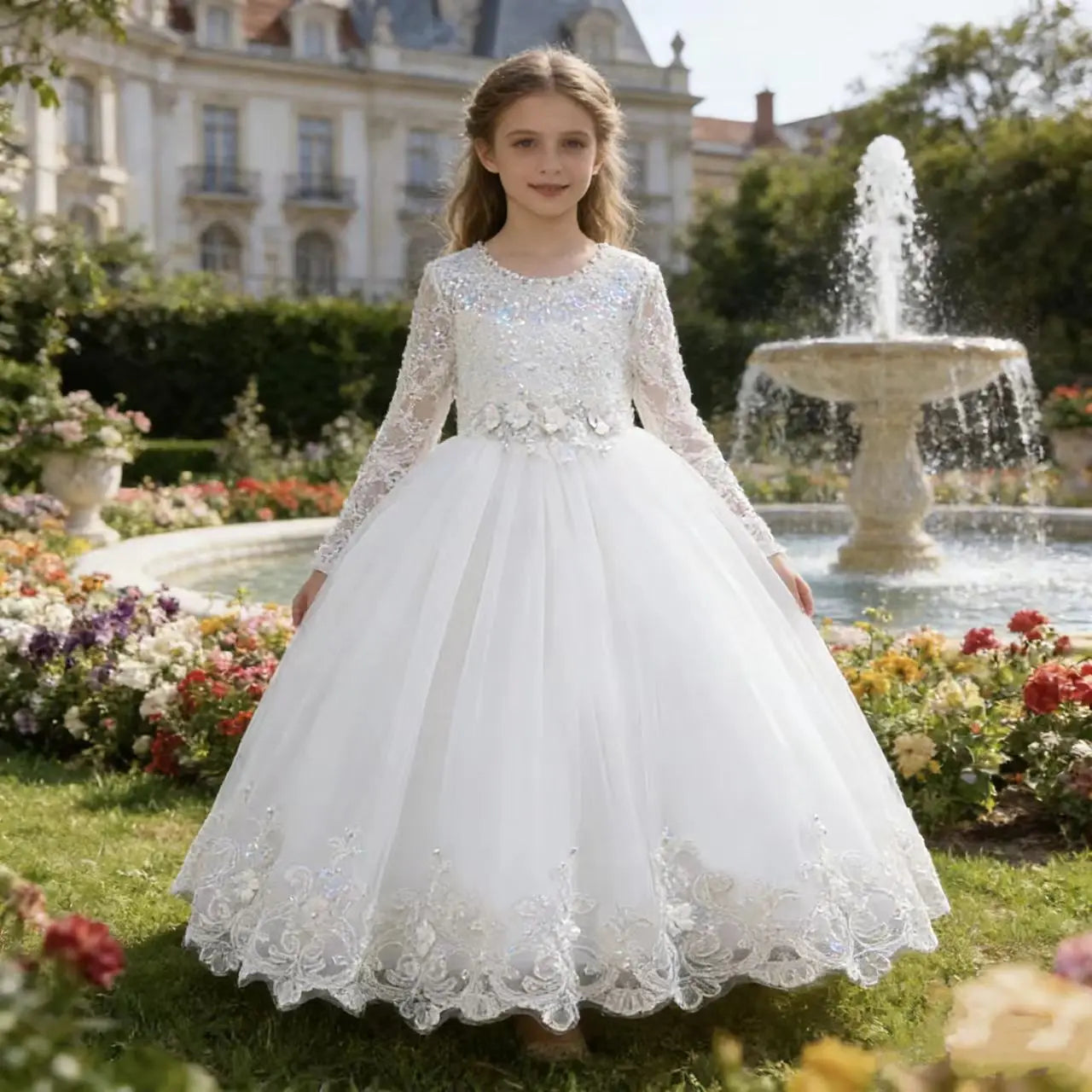 Children's Embroidered Party Evening Dress 3-12 Years Old Lace Long Sleeve White Wedding Dress