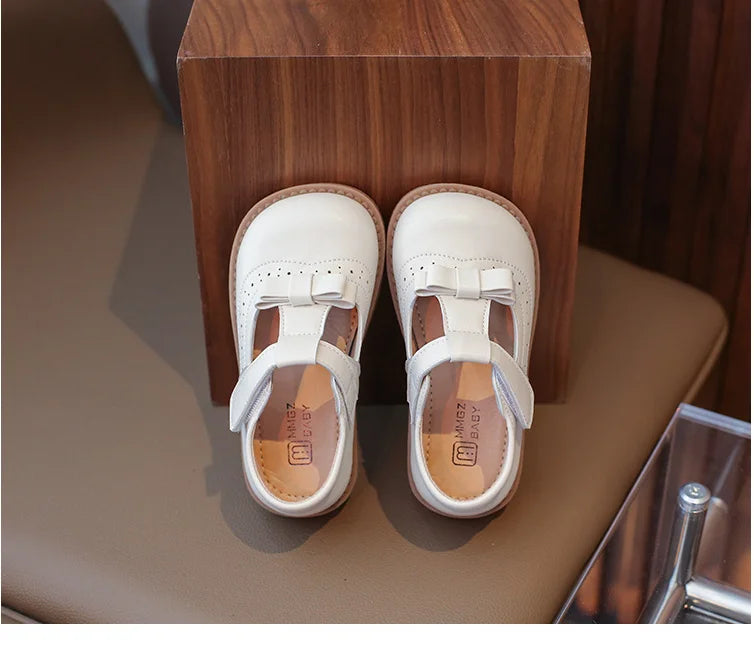Girl's Bow Princess Shoes Leather Shoes 2026 Spring New Fashion Soft Sole Children's Single Shoes Soft Sole T-strap Kids Shoes