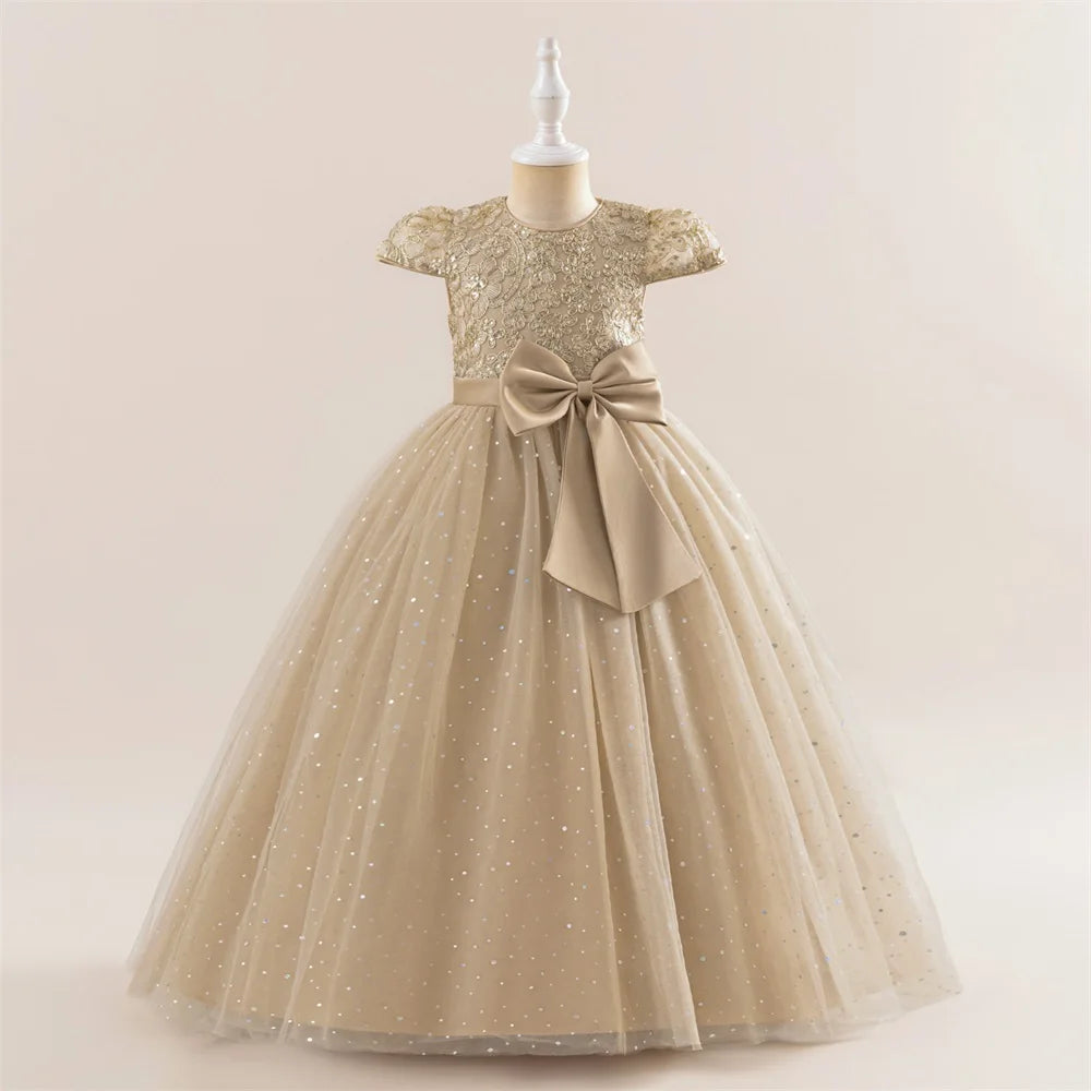 Girls Flower Embroidery Party Dress Kids Big Bow Long Wedding Bridesmaid