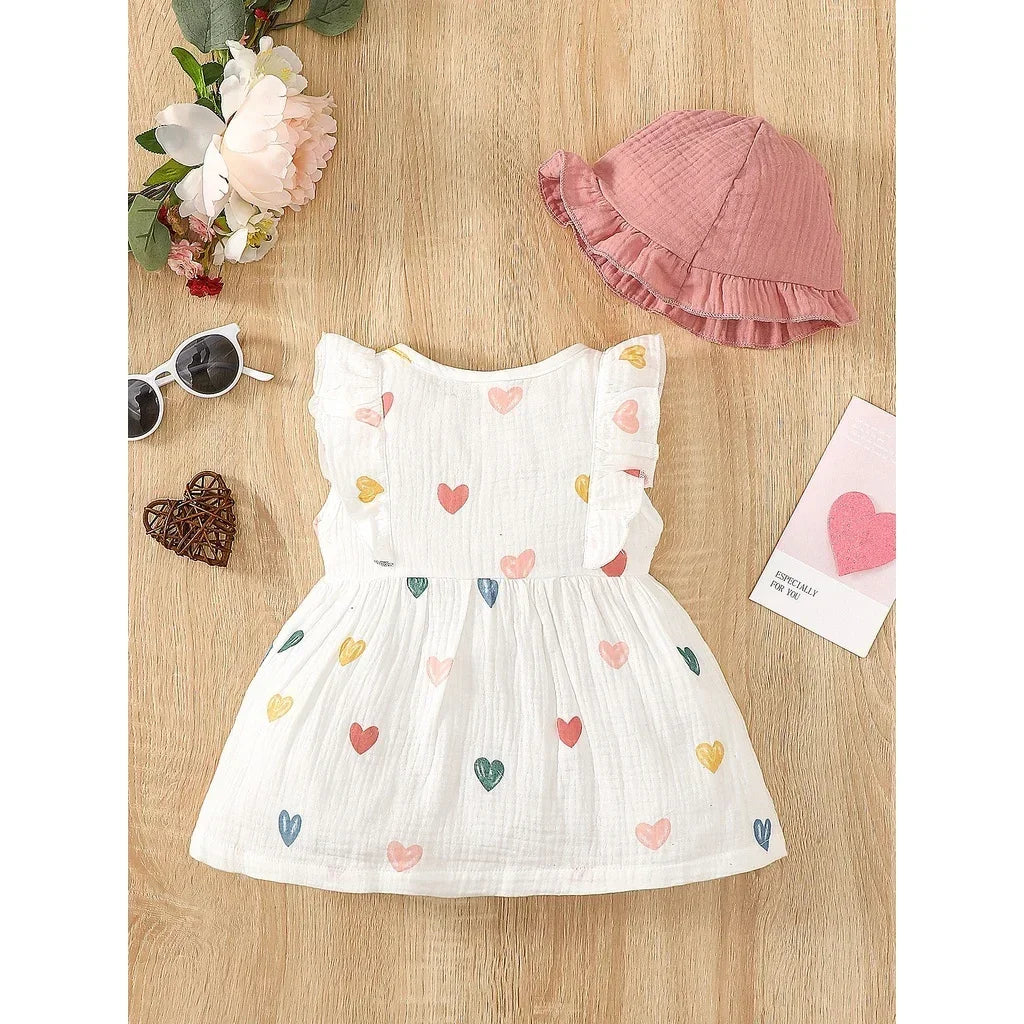 Newborn Baby Girl Sweet Cotton Dress Sleeveless Love Pattern Dress+Hat