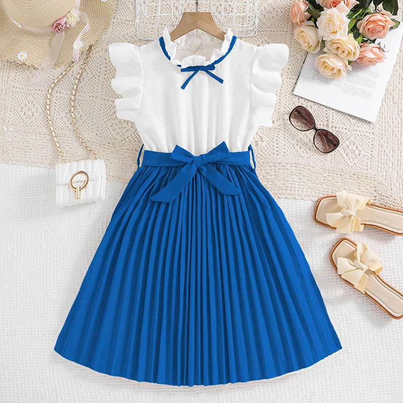 Emma Kids Dress for Girls with Pleated Skirt and Bow Tie