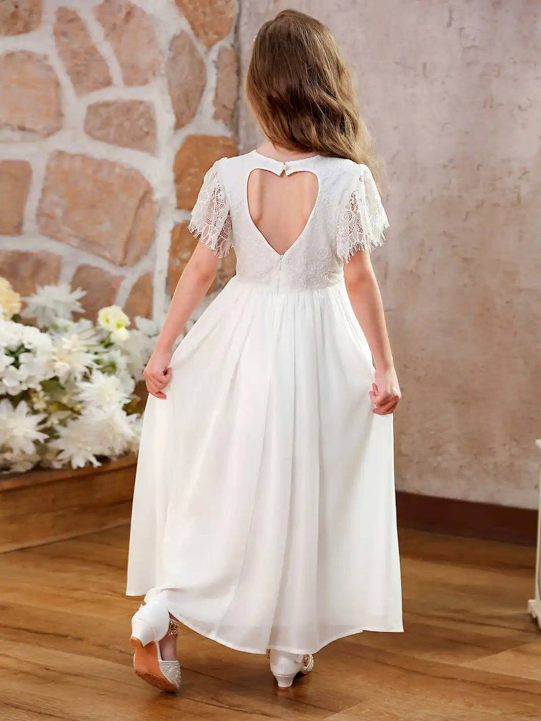 Girls Vintage Chiffon Lace Ruffle Sleeve A-Line Wedding Party Little Bridesmaid Dress