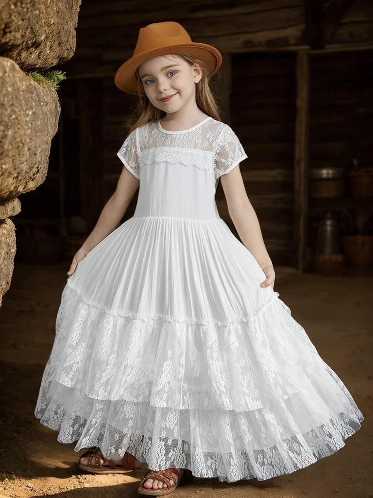 New 2024 Princess Girls Short Sleeve Lace Long Floor Dresses