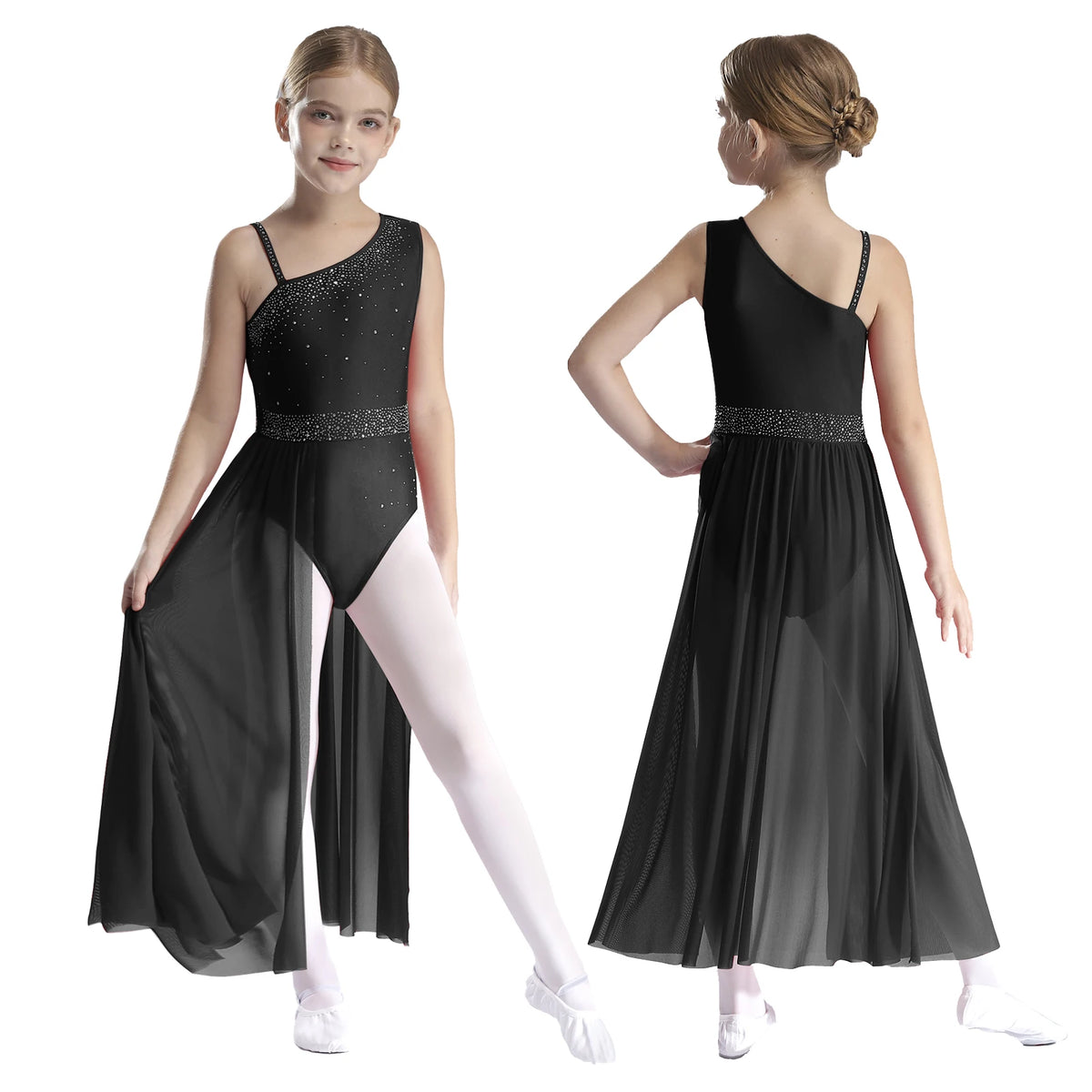 Girls Delicate 3D Flower Lyrical Dance Dress Asymmetrical Ruched Long Dress Gymnastics Modern Dance Clothes Performance Dress