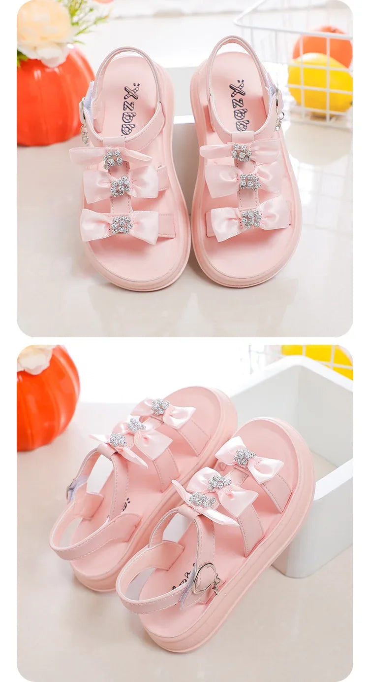 Girls Beach Shoes with Sweet Bows Soft Sole Kids Sandals Versatile 2025 Summer New Children Princess Shoes