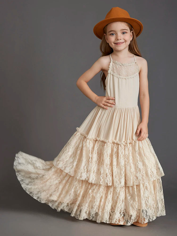 New Girl Lace Chiffon Backless Long Dress Wedding Flower Girl