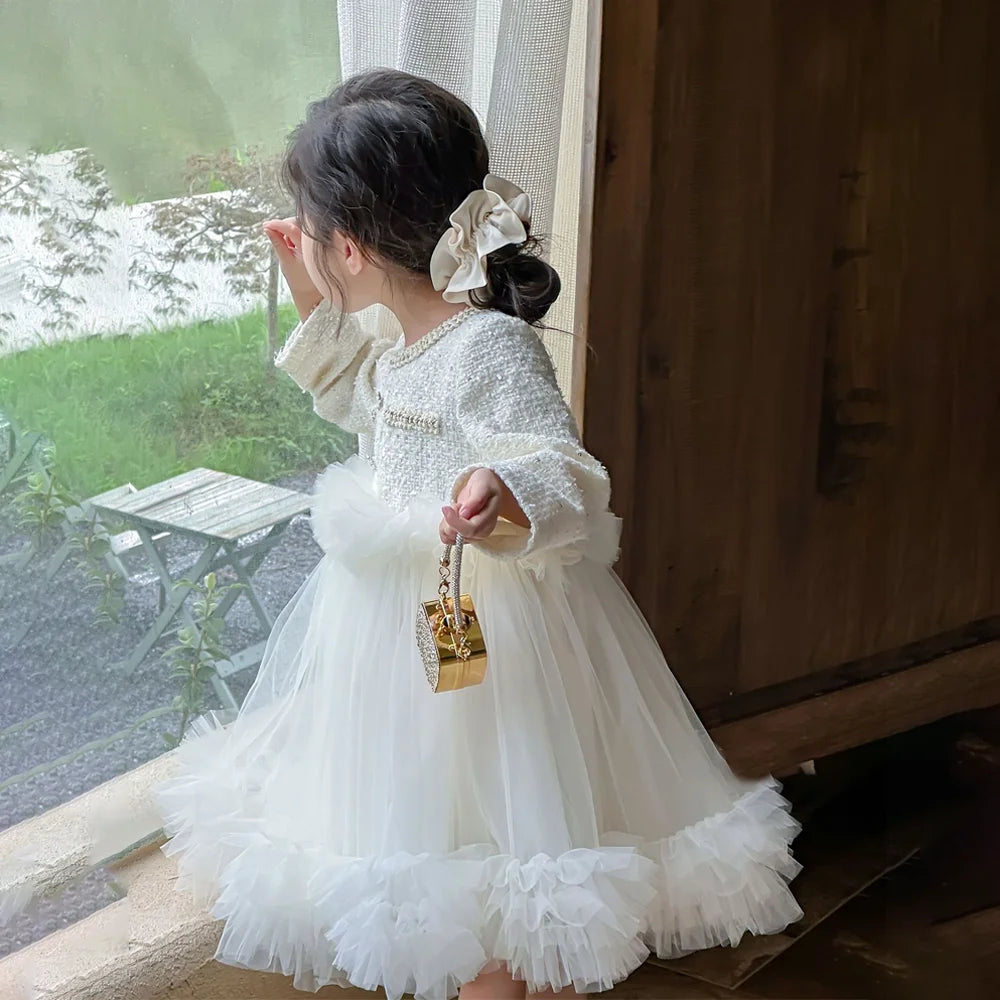 French Princess Dress With Lace Tulle Skirt White Elegant Dress