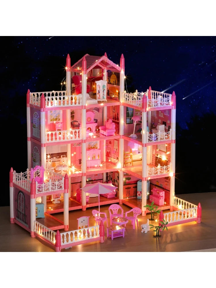 Girls Toddler Doll House - Large Doll House with 4 Dolls, Furniture, Accessories, LED Lights, 4 Stories Princess Dream House Toy