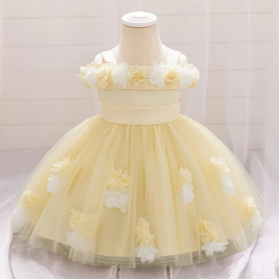 New Baby Girls 1st Princess Dress Infant Three-dimensional Flower One-word Shoulder Mesh Dress Baby Girl Performance Dress ASQ03