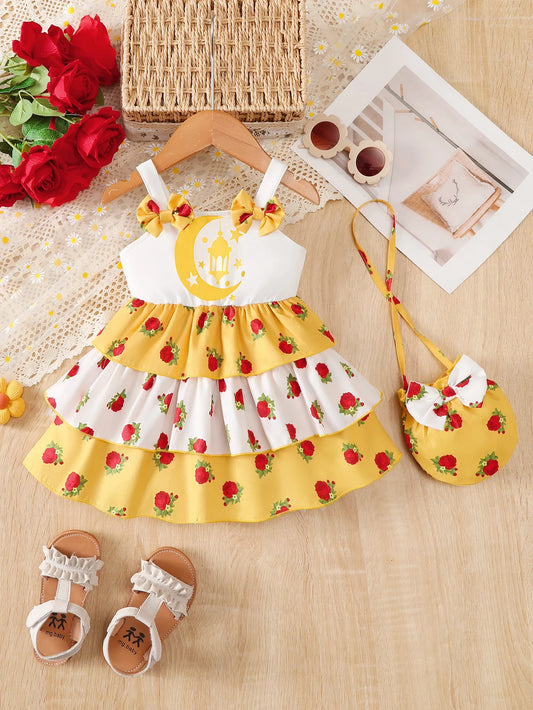 Baby Girl Dress, Comfortable and Versatile, Cute Sleeveless Strap Dress with Bow and Floral Print