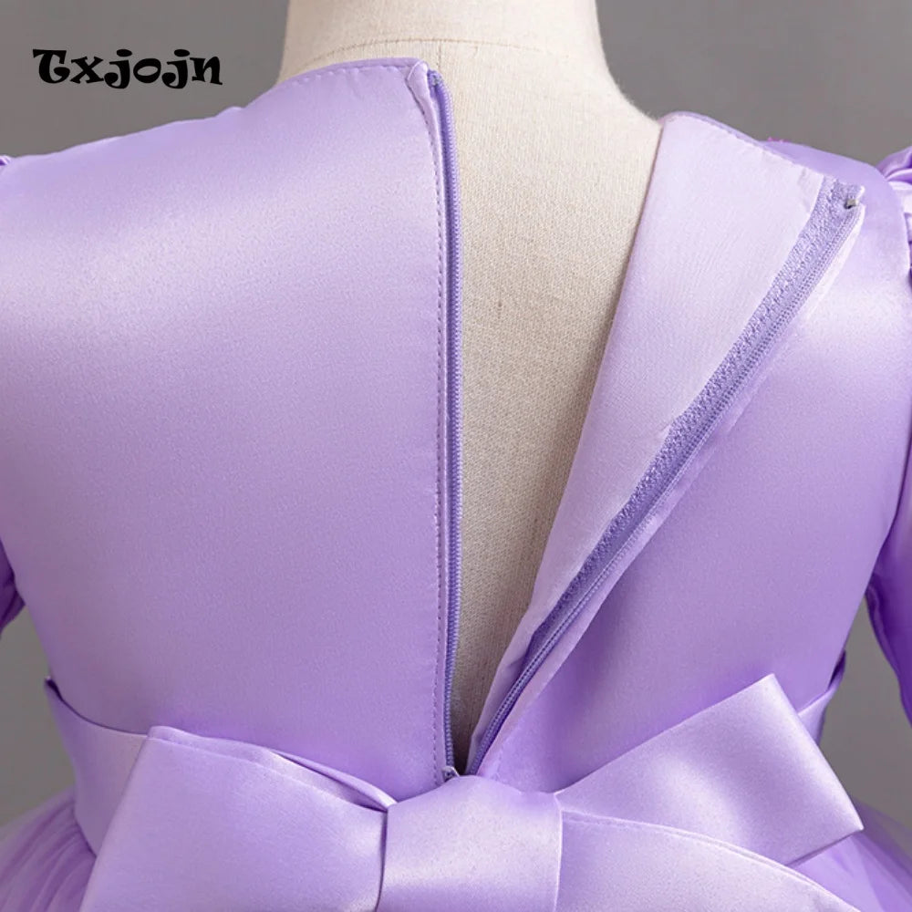 Girl's Dress 3-14 Years Old Girl's Bow Princess Dress Sequined Puff Sleeve Mesh Dress