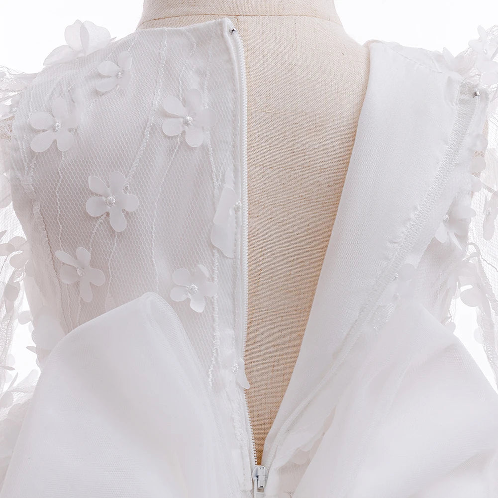 Baby Girls Flowers Tulle White Princess Dress With Headband For Infant Baptism