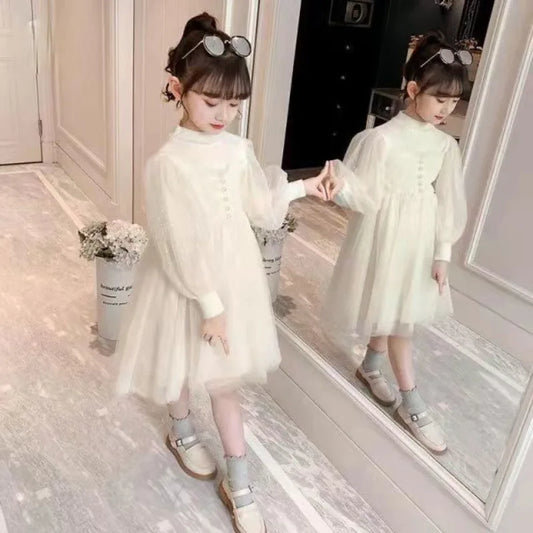 2023Girls' Autumn Winter New Fashion Half High Neck Long Sleeve Dress