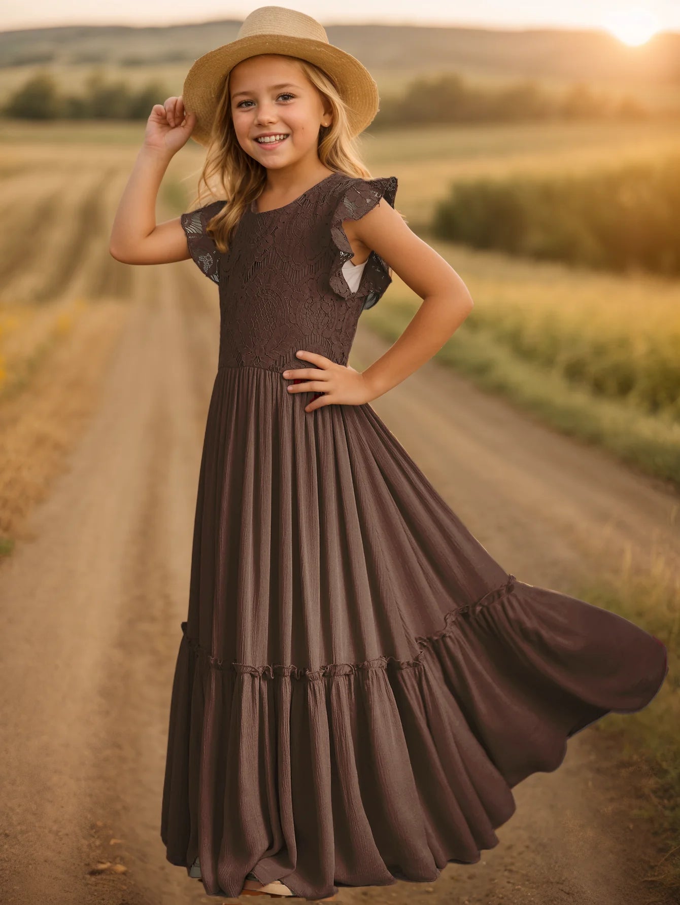 Girls Lace Bohemia Long Dresses Baby Kids Flower Wedding Princess Dress